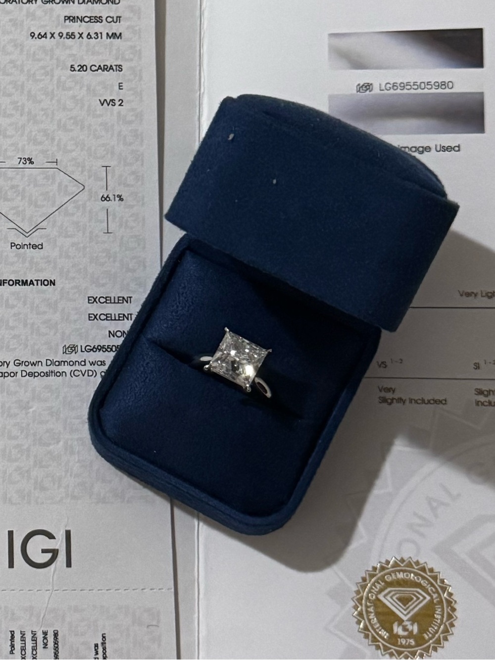 ✨ IGI Certified 5.20 CT Princess Cut Lab Grown Diamond ✨